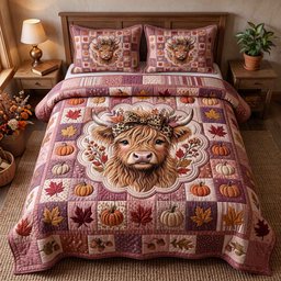 Fall Highland Cow 3 Piece Quilted Bedding Set Gift For Cow Lovers