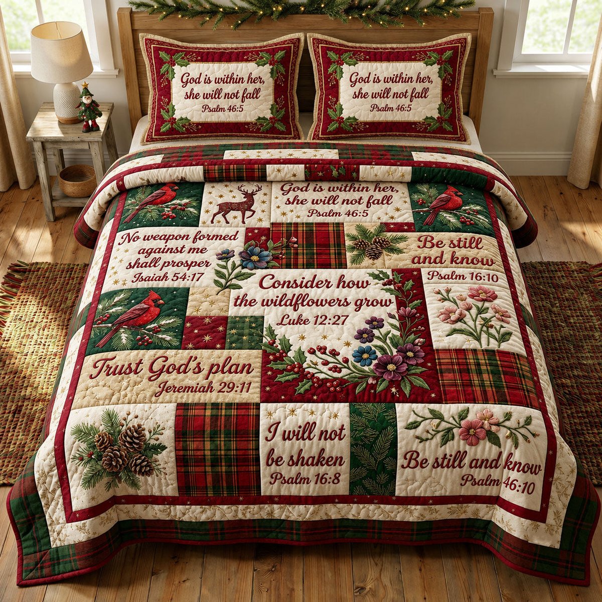 Floral Bible 3 Piece Quilted Bedding Set Christmas Gift For Christians