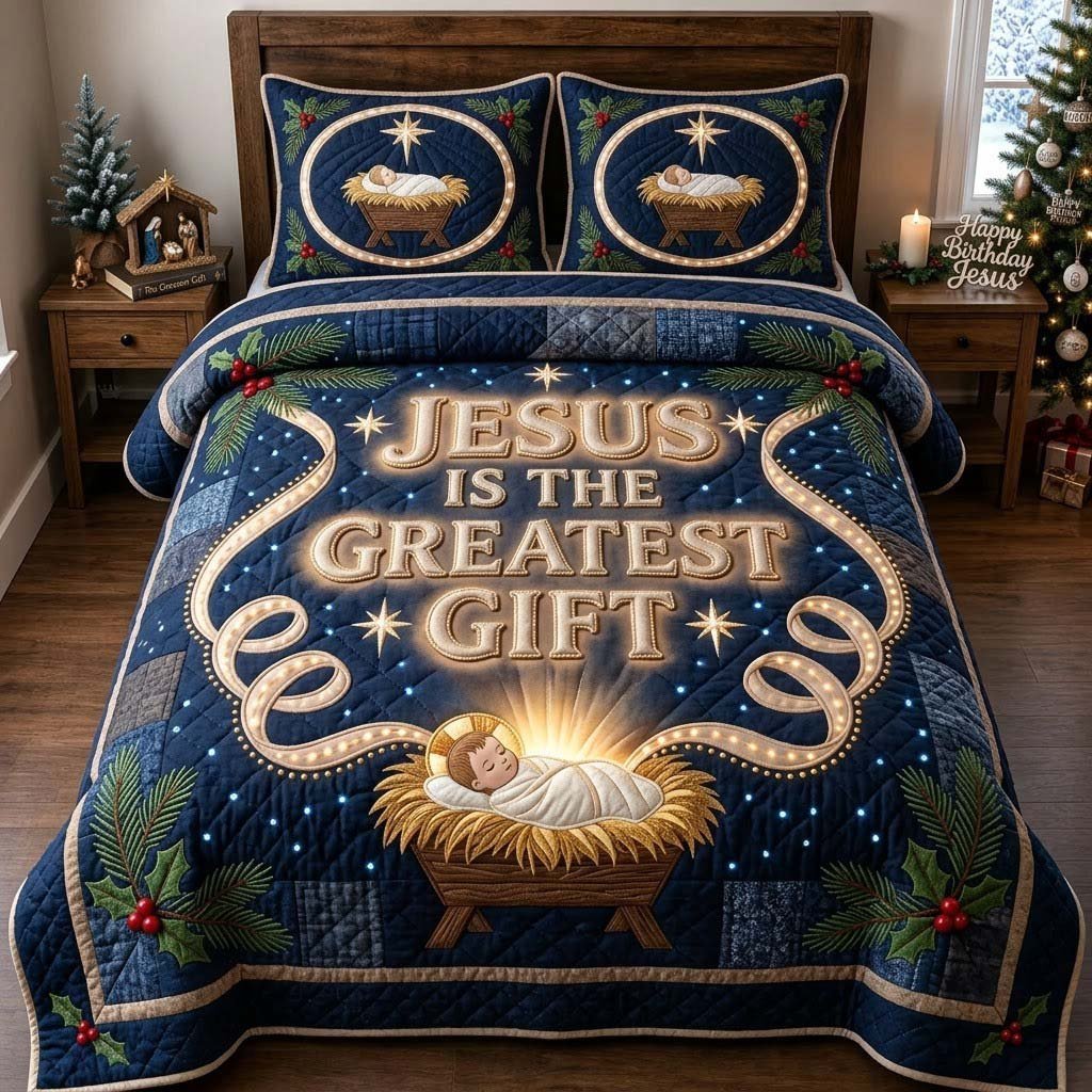 The Light of Bethlehem 3 Piece Quilted Bedding Set Gift For Christians