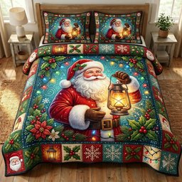 Santa Claus 3 Piece Quilted Bedding Set Christmas Gift For Holiday Decor Lovers