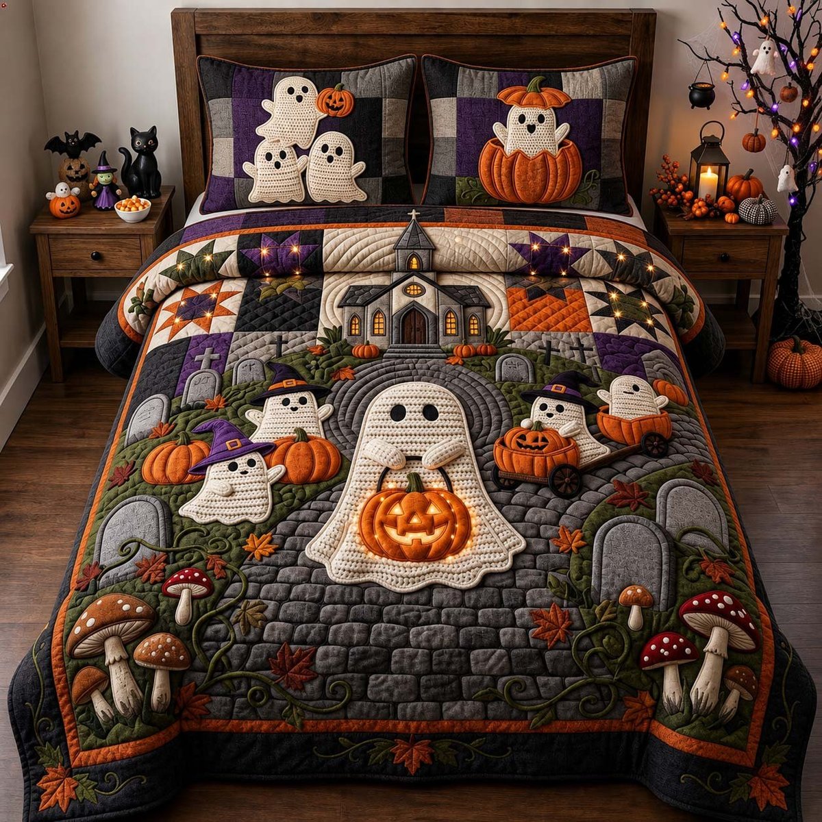 Ghostly Graveyard Nights 3 Piece Quilted Bedding Set Gift For Gothic Decor Lovers