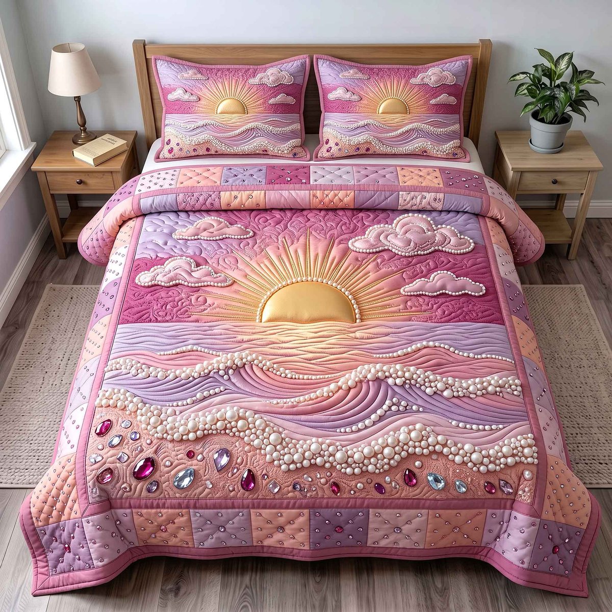 Pearl Coastal Whisper Beach 3 Piece Quilted Bedding Set Gift For Beach Lovers