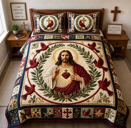 Sacred Heart Cardinal 3 Piece Quilted Bedding Set Gift For Bird Lovers