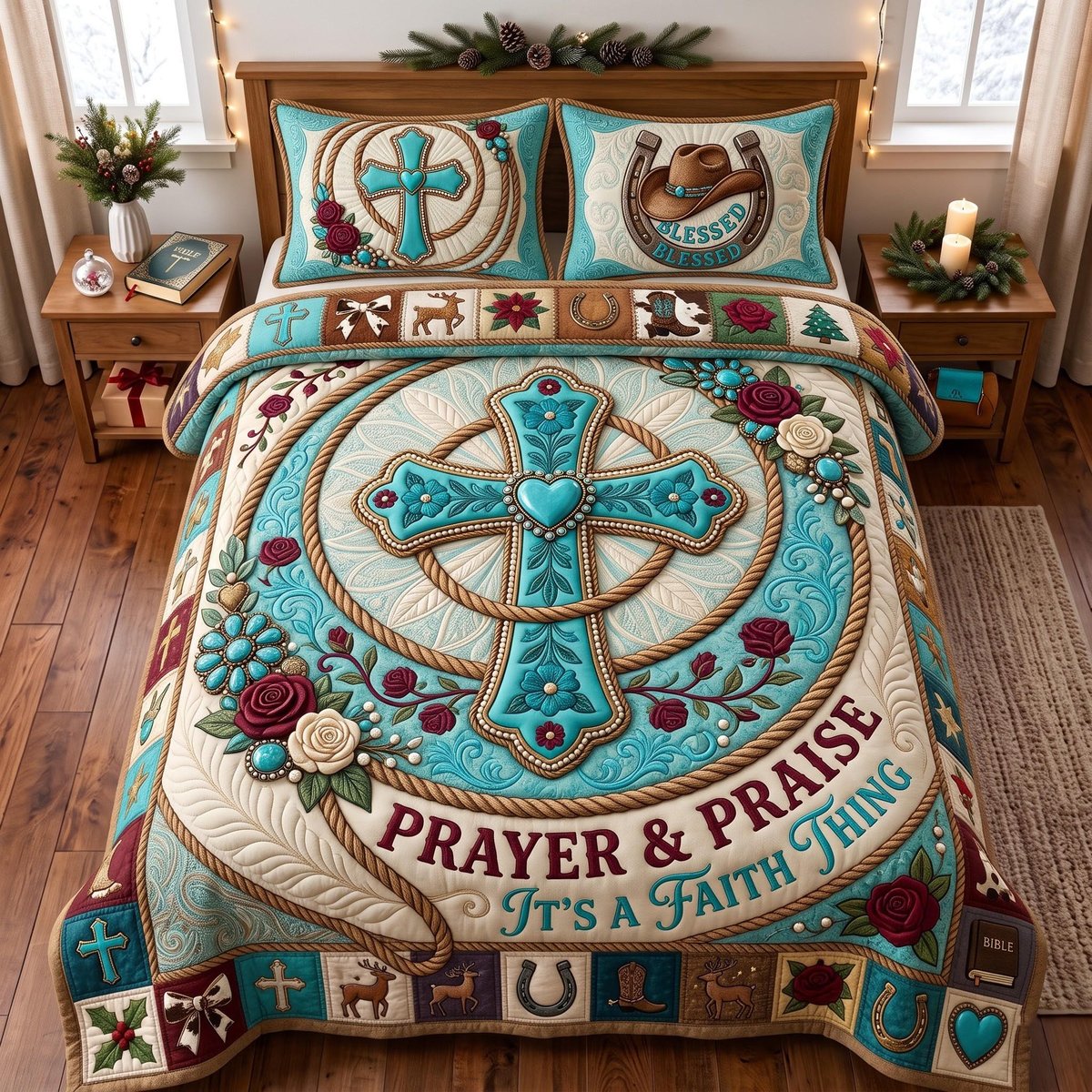 Prayer Praise Cross Christian 3 Piece Quilted Bedding Set Gift For Christians