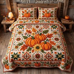 Pumpkin Season 3 Piece Quilted Bedding Set Gift For Farmhouse Decor Lovers