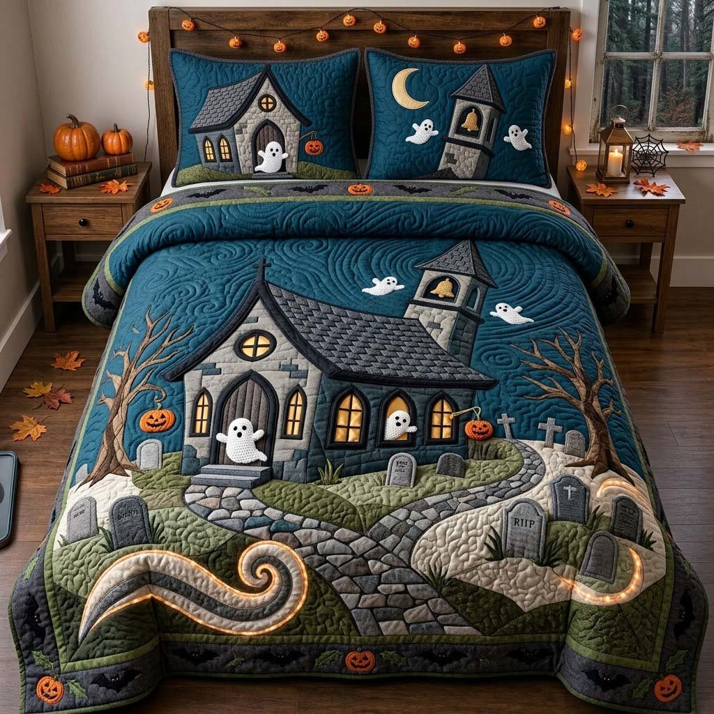 Ghostly Graveyard Nights 3 Piece Quilted Bedding Set Gift For Gothic Decor Lovers
