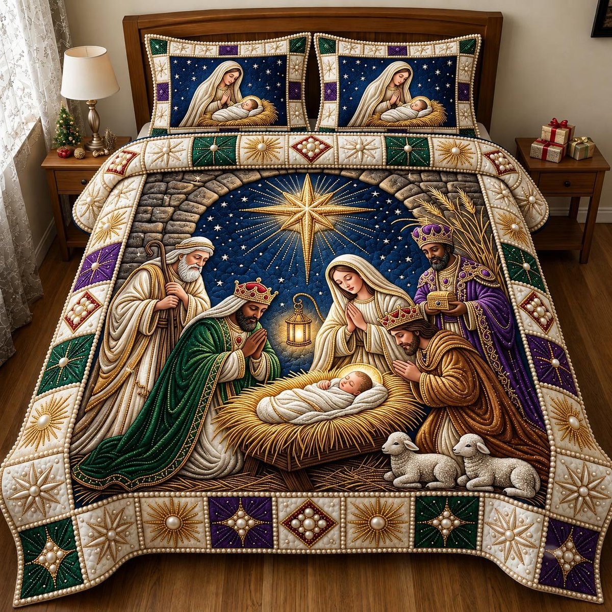 Nativity Scene Christian 3 Piece Quilted Bedding Set Gift For Christians