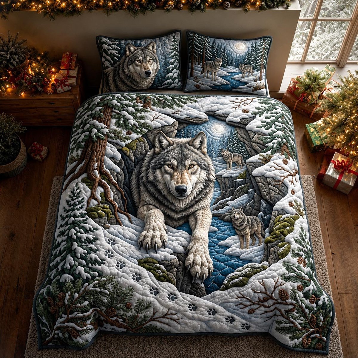 Arctic Wolf 3 Piece Quilted Bedding Set Gift For Wolf Lovers