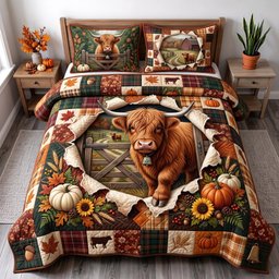 Highland Autumn 3 Piece Quilted Bedding Set Halloween Gift For Cow Lovers