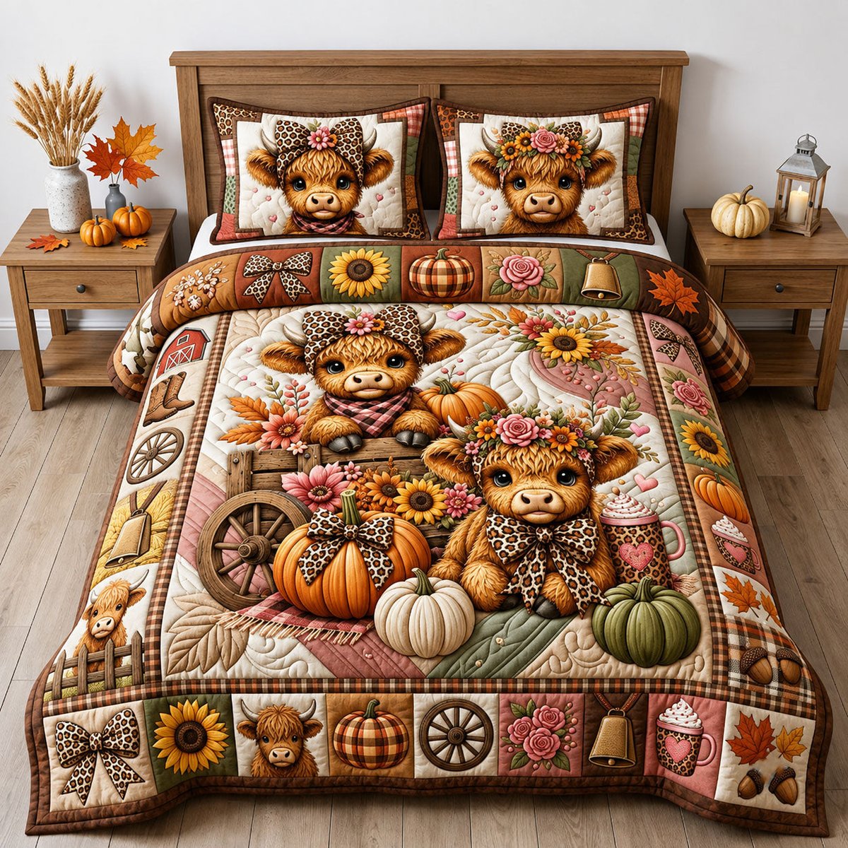 Fall Highland Cow 3 Piece Quilted Bedding Set Gift For Cow Lovers