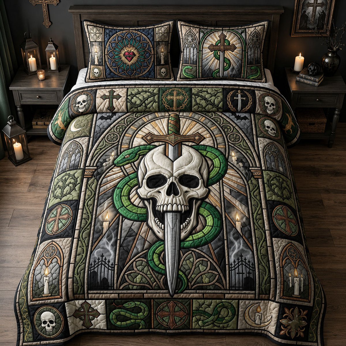Skull Snake Stained Glass 3 Piece Quilted Bedding Set Gift For Gothic Decor Lovers