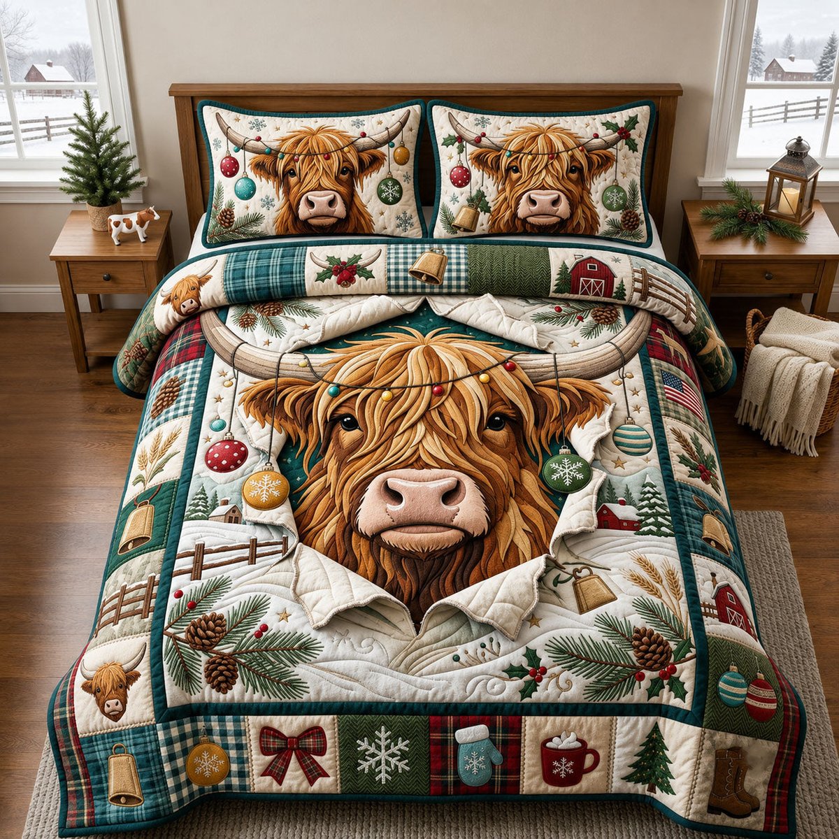 Winter Highland Cow 3 Piece Quilted Bedding Set Gift For Cow Lovers