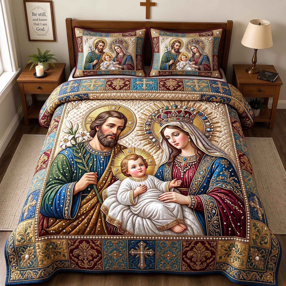 Pearl Holy Family Christian 3 Piece Quilted Bedding Set Gift For Christians
