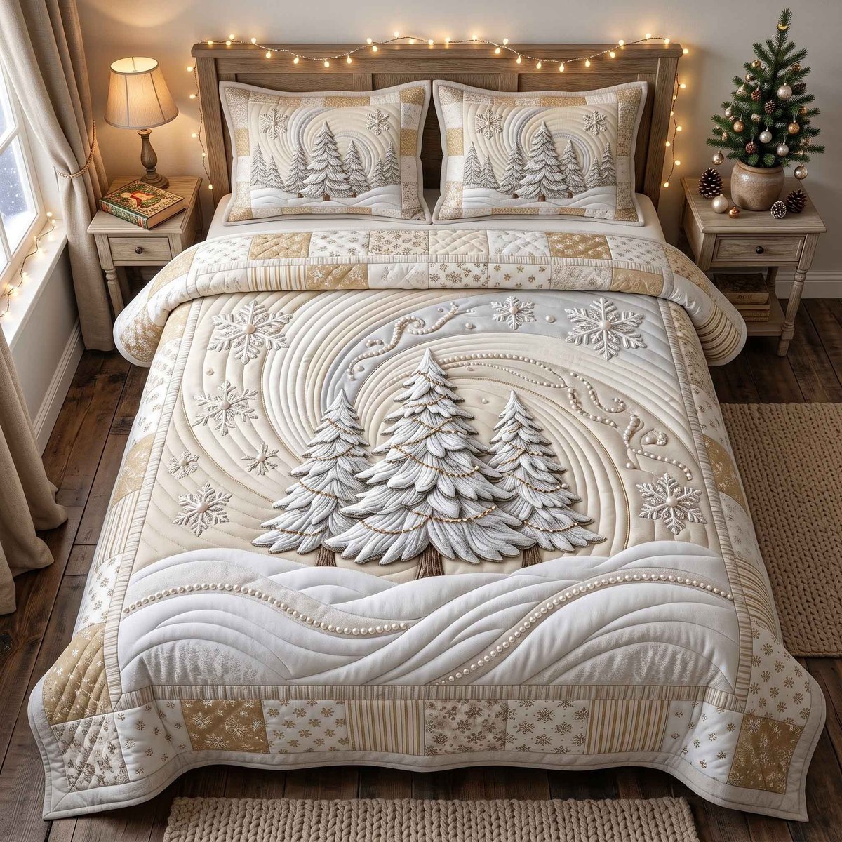 Pearl Winter Wonderland 3 Piece Quilted Bedding Set Christmas Gift For Holiday Decor Lovers