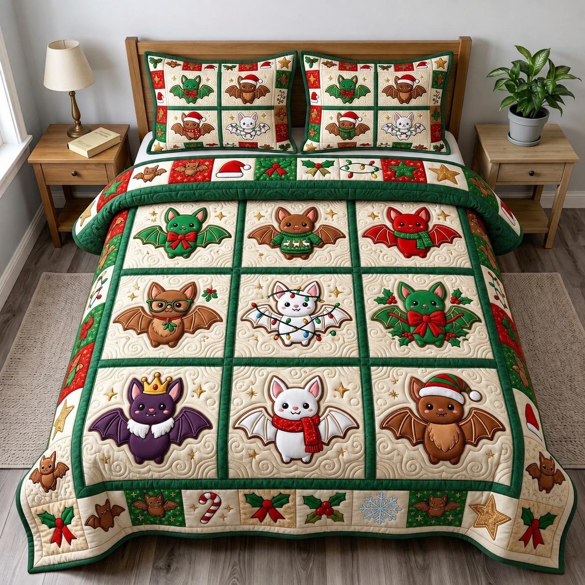 Bat 3 Piece Quilted Bedding Set Christmas Gift For Holiday Decor Lovers