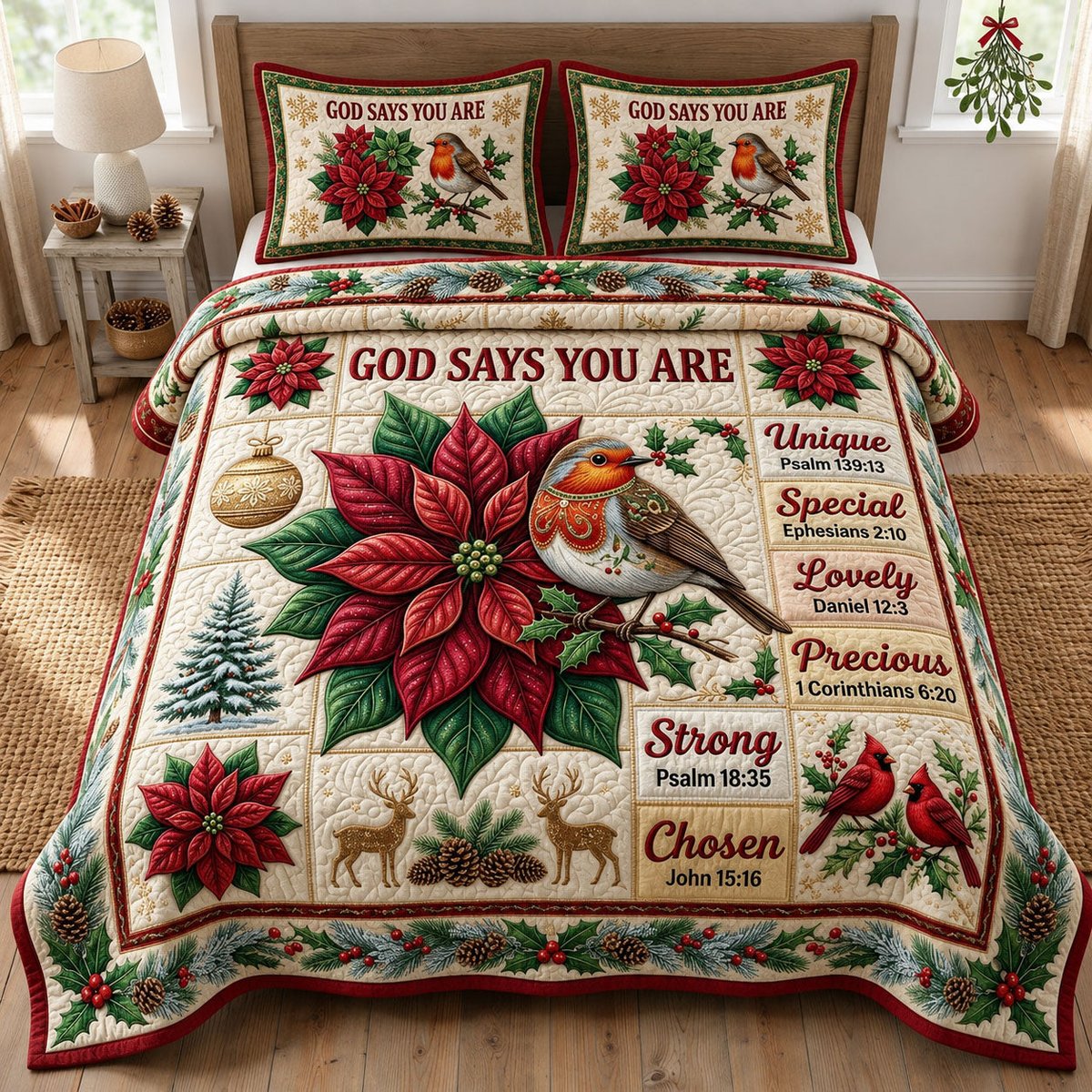 Floral Bible 3 Piece Quilted Bedding Set Christmas Gift For Christians