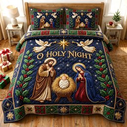 Nativity Scene Christian 3 Piece Quilted Bedding Set Gift For Christians