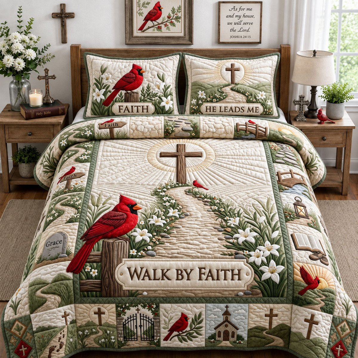Cardinal Faith 3 Piece Quilted Bedding Set Gift For Bird Lovers
