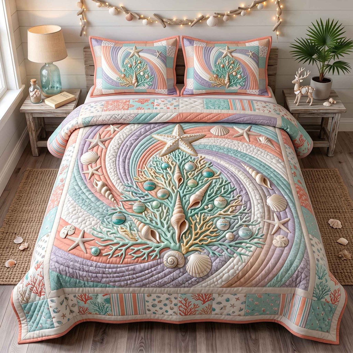 Seashell Beach 3 Piece Quilted Bedding Set Christmas Gift For Beach Lovers