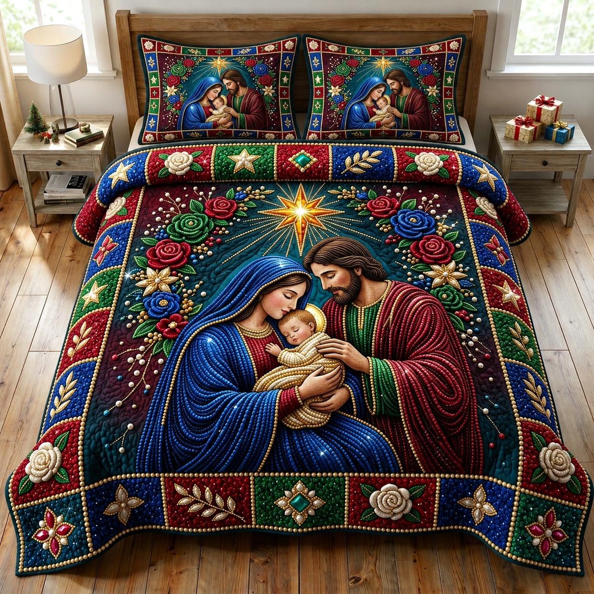 Nativity Scene Christian 3 Piece Quilted Bedding Set Gift For Christians