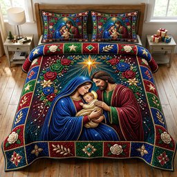 Nativity Scene Christian 3 Piece Quilted Bedding Set Gift For Christians
