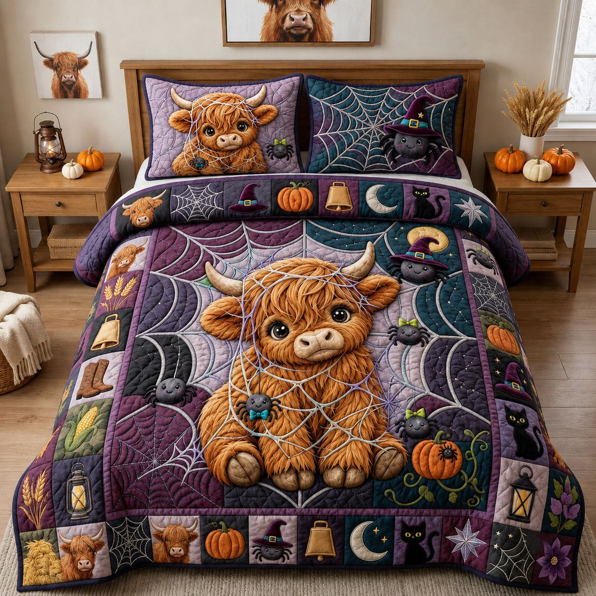 Highland Cow with Spider 3 Piece Quilted Bedding Set Gift For Cow Lovers