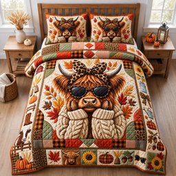 Fall Highland Cow 3 Piece Quilted Bedding Set Gift For Cow Lovers
