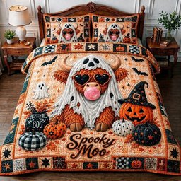 Spooky Cow 3 Piece Quilted Bedding Set Halloween Gift For Cow Lovers