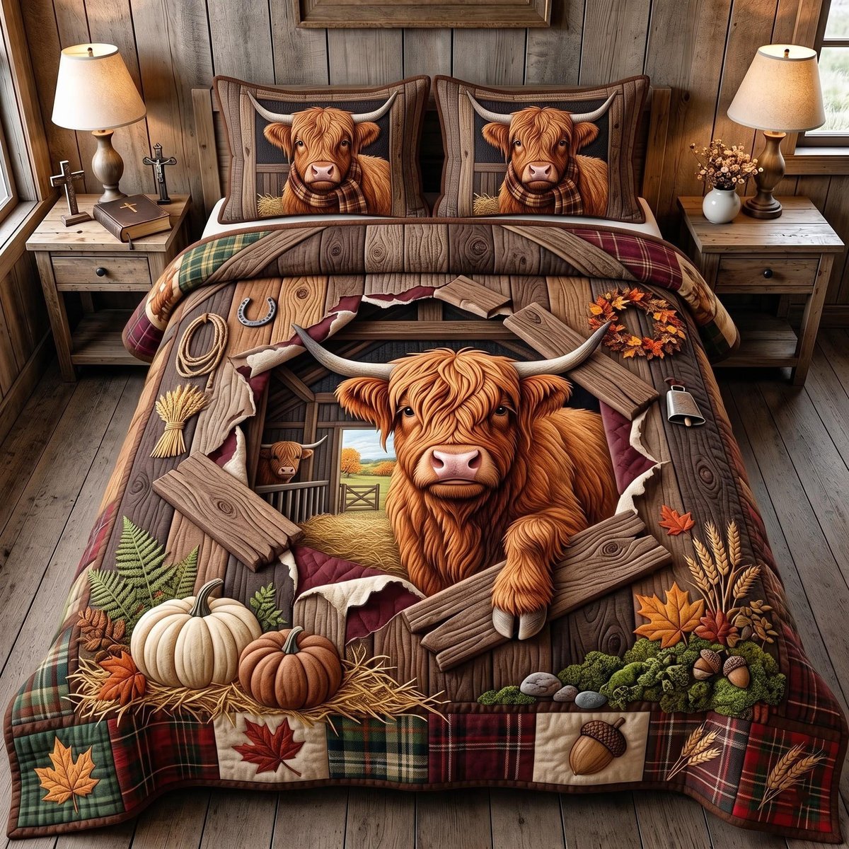 Highland Pumpkin 3 Piece Quilted Bedding Set Halloween Gift For Cow Lovers