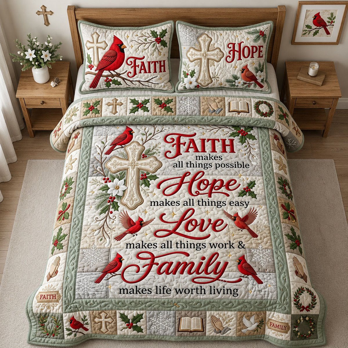 Faith Hope Love Family 3 Piece Quilted Bedding Set Gift For Christians