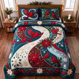 Cardinal 3 Piece Quilted Bedding Set Christmas Gift For Bird Lovers