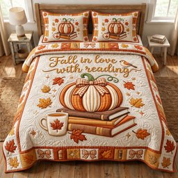 Fall Book Lover 3 Piece Quilted Bedding Set Gift For Book Lovers