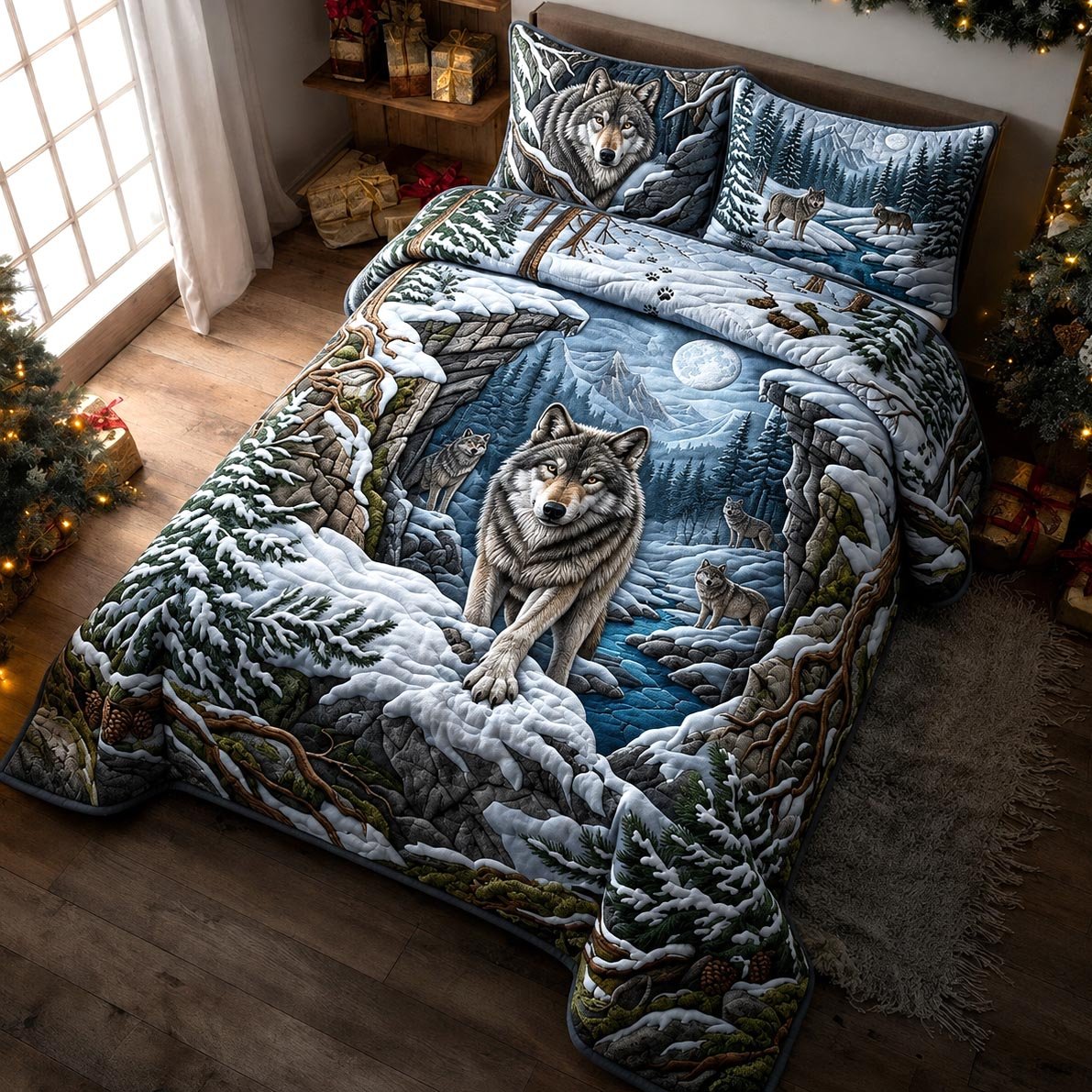 Wolf Family 3 Piece Quilted Bedding Set Gift For Wolf Lovers