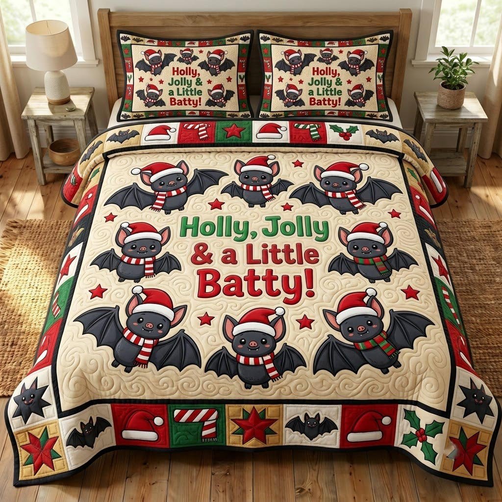 Bat 3 Piece Quilted Bedding Set Christmas Gift For Holiday Decor Lovers