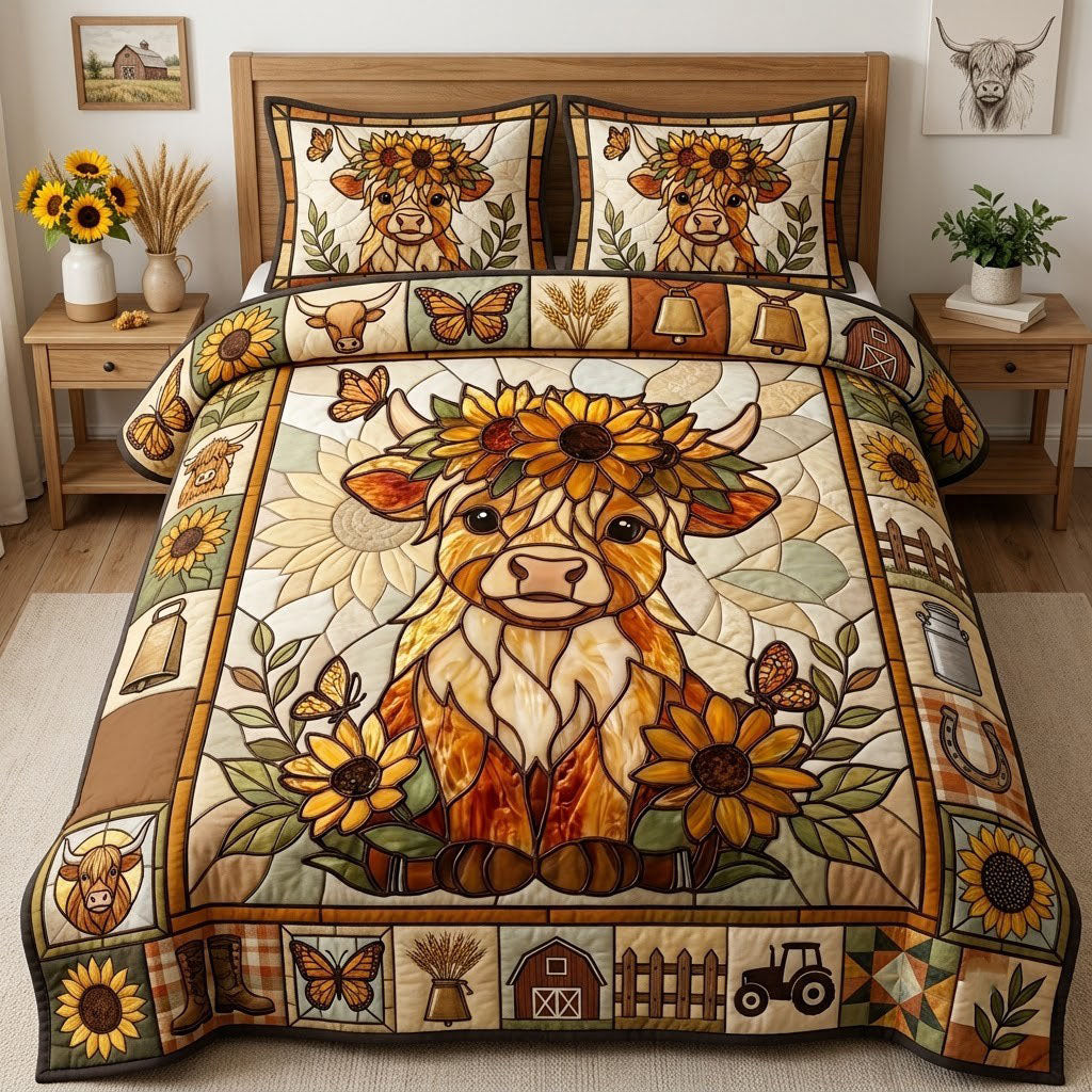 Glass Sunflower Highland Cow 3 Piece Quilted Bedding Set Gift For Cow Lovers