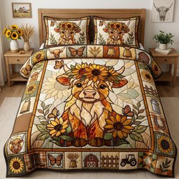 Glass Sunflower Highland Cow 3 Piece Quilted Bedding Set Gift For Cow Lovers
