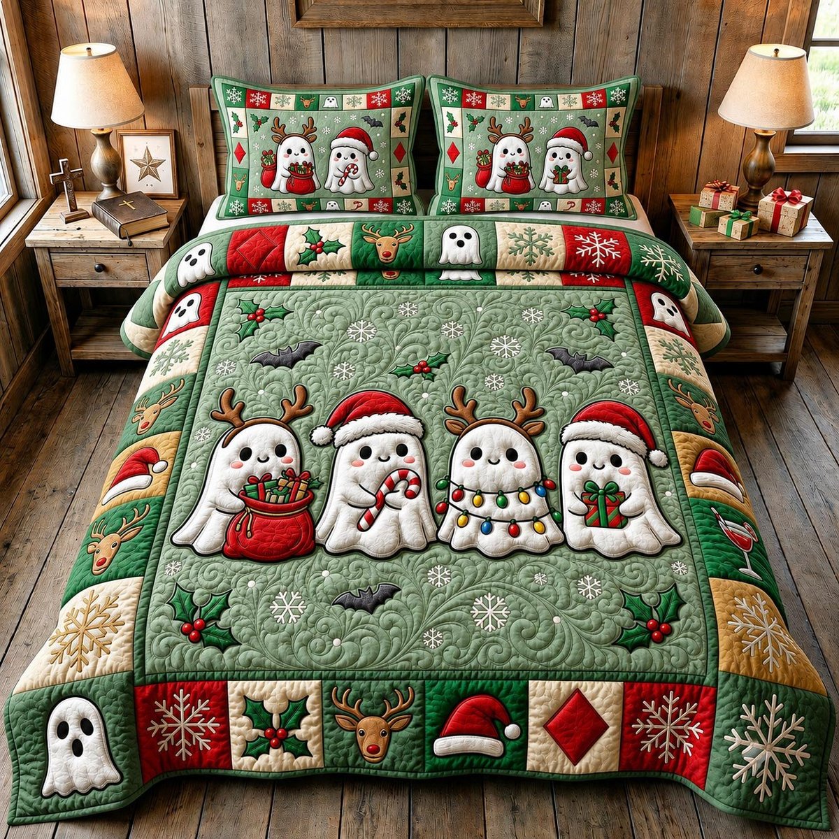 Ghost 3 Piece Quilted Bedding Set Christmas Gift For Holiday Decor Lovers