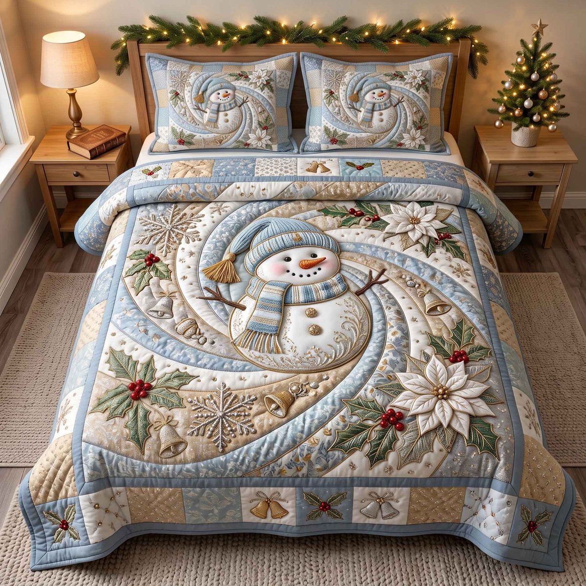 Frosty Swirl 3 Piece Quilted Bedding Set Gift For Holiday Decor Lovers