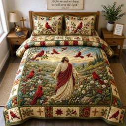Jesus Cardinal Meadow 3 Piece Quilted Bedding Set Gift For Bird Lovers