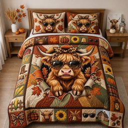 Leopard Highland Cow 3 Piece Quilted Bedding Set Gift For Cow Lovers
