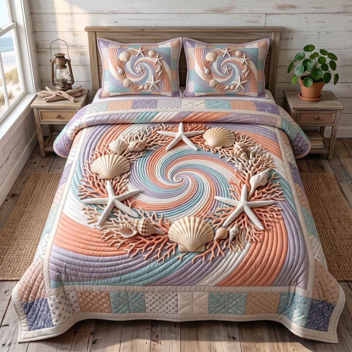 Coastal Whisper Beach 3 Piece Quilted Bedding Set Gift For Beach Lovers