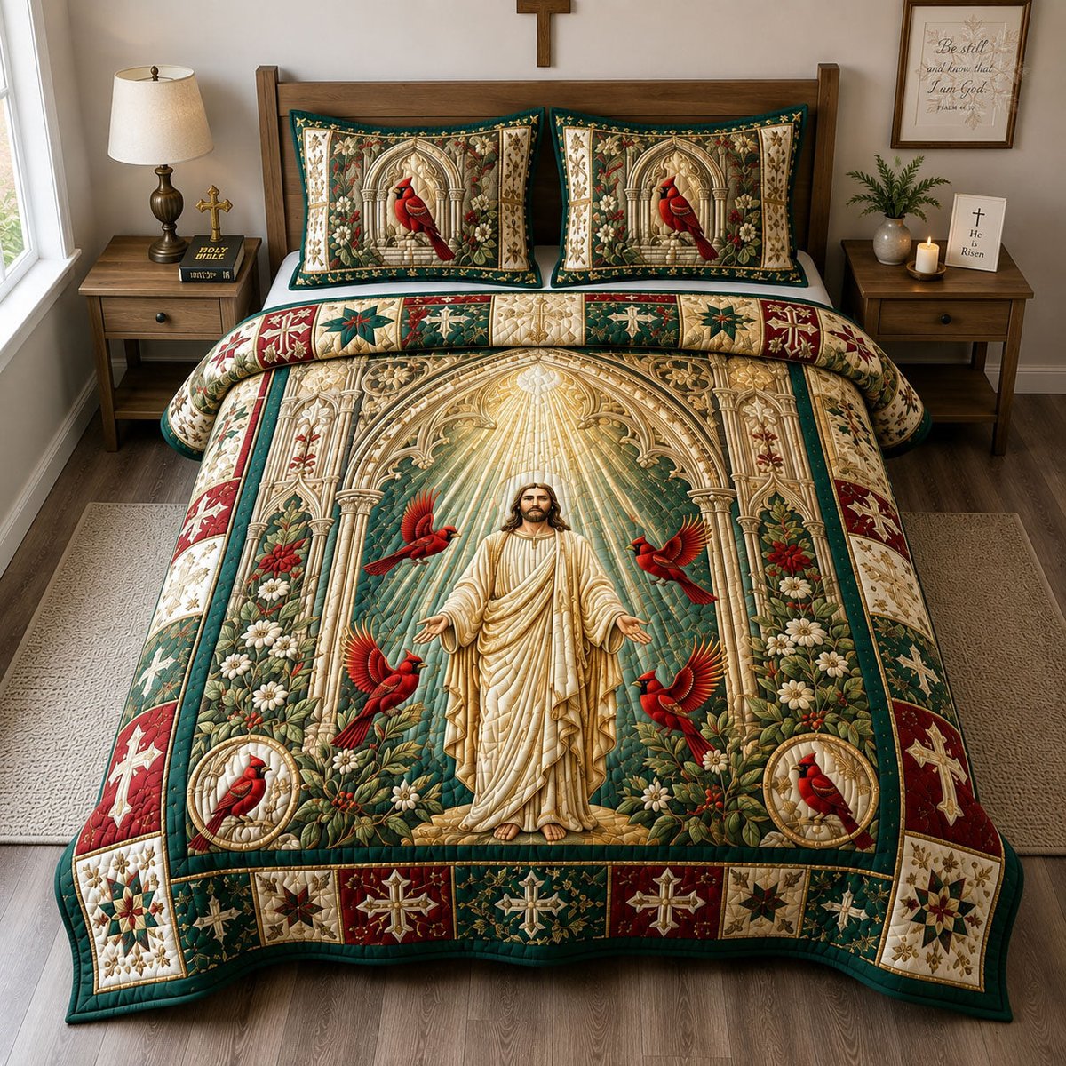 Jesus Cardinal Divine Light 3 Piece Quilted Bedding Set Gift For Bird Lovers