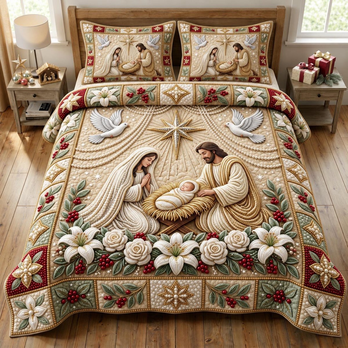 Nativity Scene Christian 3 Piece Quilted Bedding Set Gift For Christians