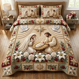 Nativity Scene Christian 3 Piece Quilted Bedding Set Gift For Christians