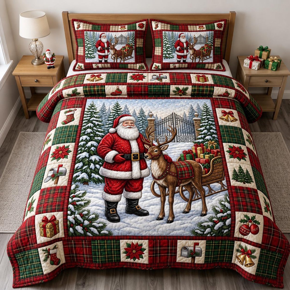 Santa Claus 3 Piece Quilted Bedding Set Christmas Gift For Holiday Decor Lovers