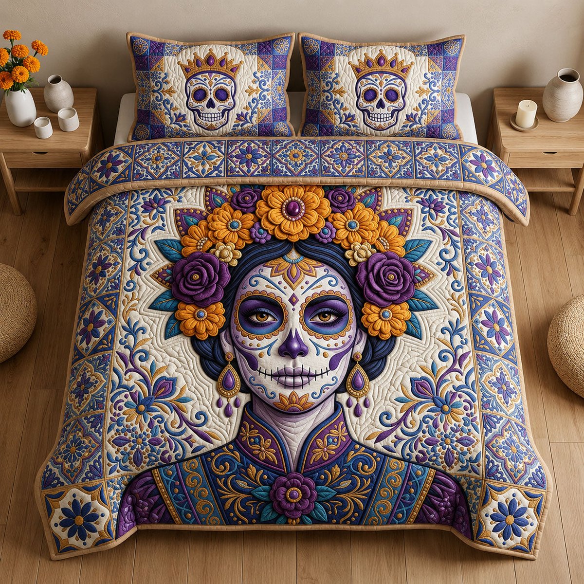 La Catrina Skull 3 Piece Quilted Bedding Set Gift For Gothic Decor Lovers