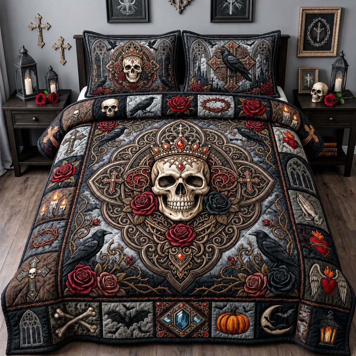 Jeweled Skull 3 Piece Quilted Bedding Set Gift For Gothic Decor Lovers