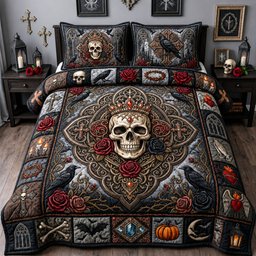 Jeweled Skull 3 Piece Quilted Bedding Set Gift For Gothic Decor Lovers