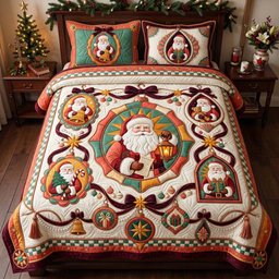 Grand Santa Ornament Gallery 3 Piece Quilted Bedding Set Christmas Gift For Holiday Decor Lovers