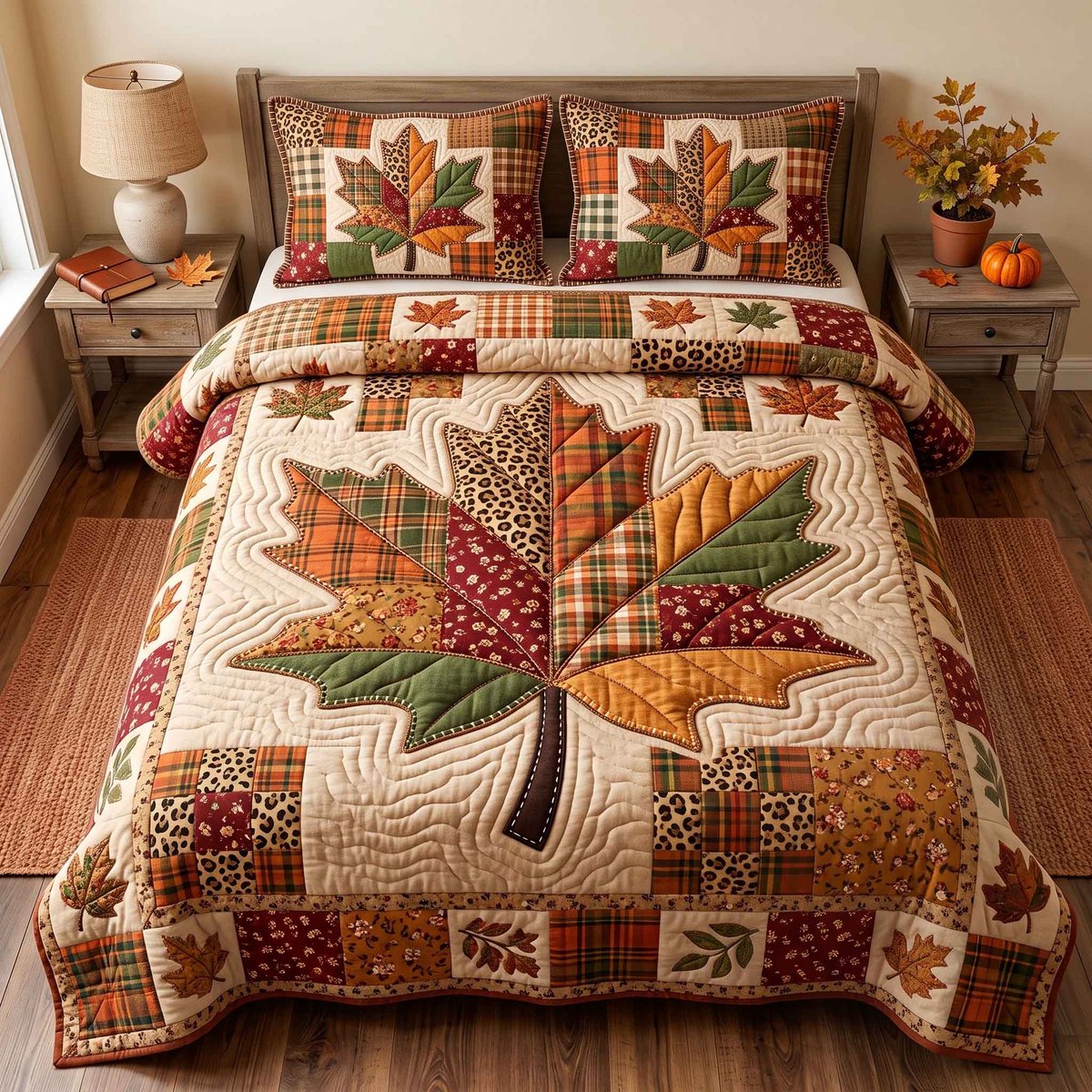 Patchwork Autumn Bliss 3 Piece Quilted Bedding Set Gift For Home Decor Lovers